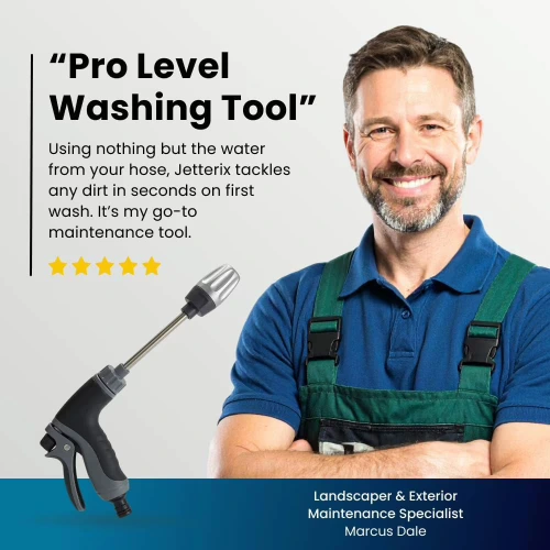 Marcus Dale — Landscaper and Exterior Maintenance Specialist reviewing Jetterix